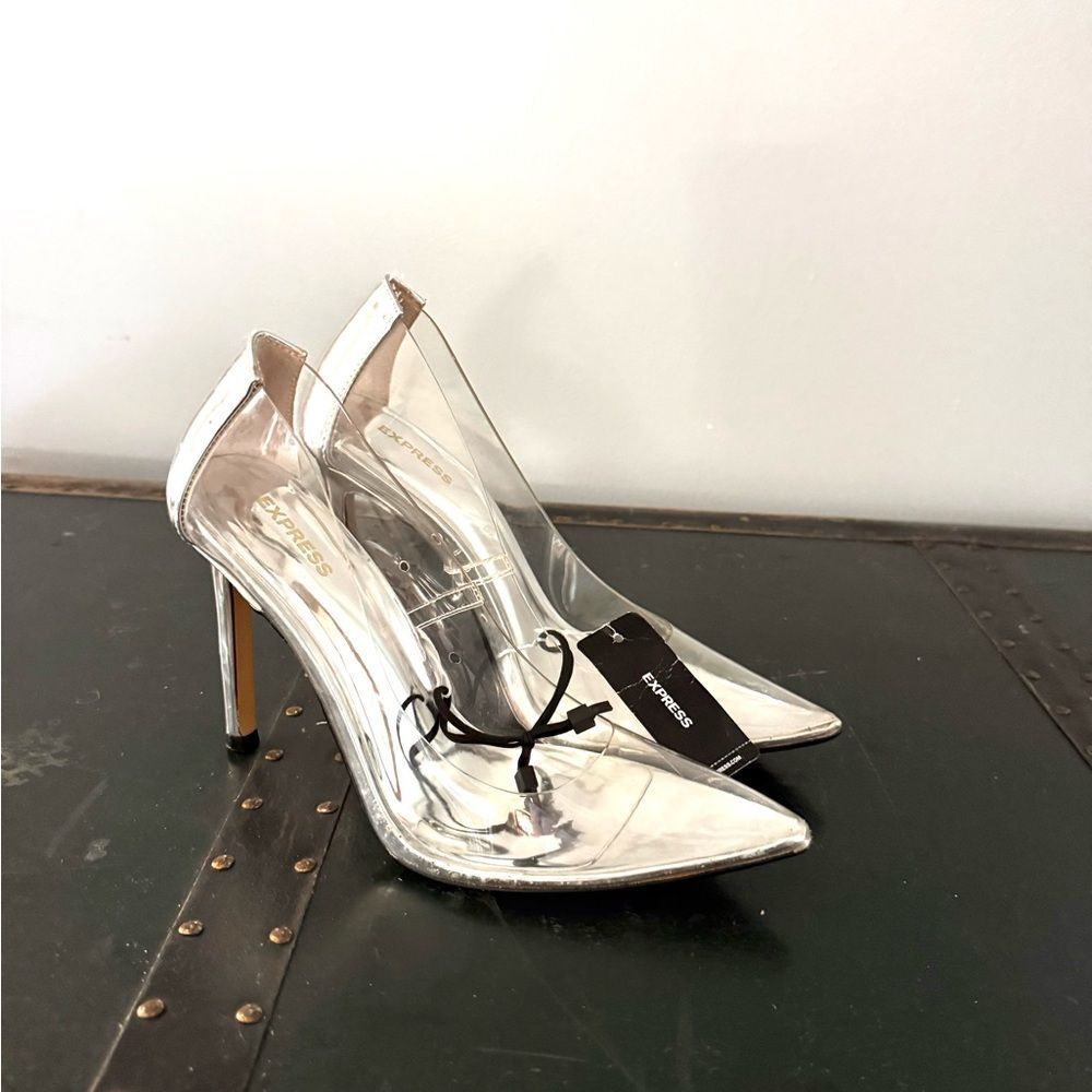 Express Heels Size 9 Silver Clear Stiletto Pointed Toe 4 Inch Tall NWT